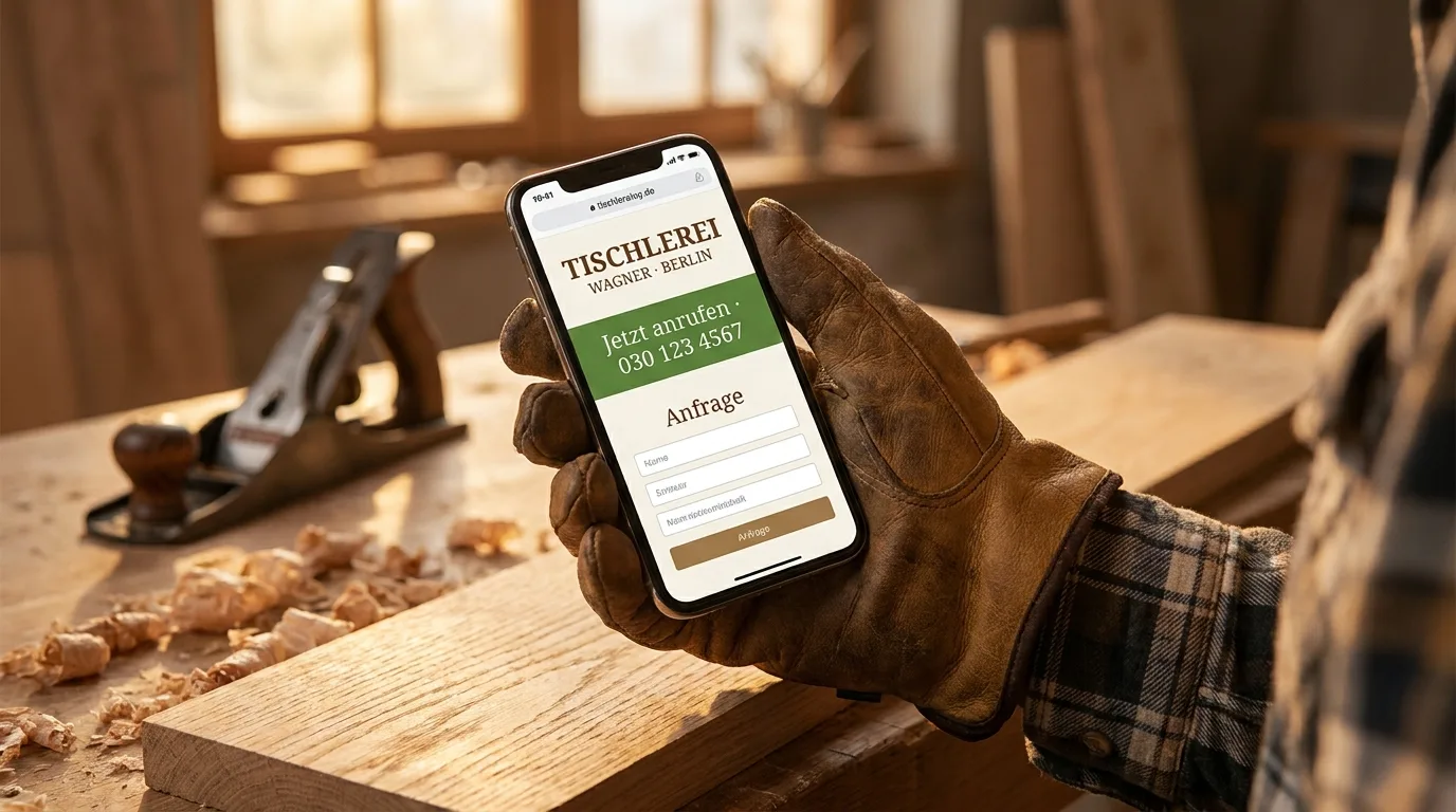 Handwerks-Webseite auf Smartphone in Arbeitshandschuh-Hand