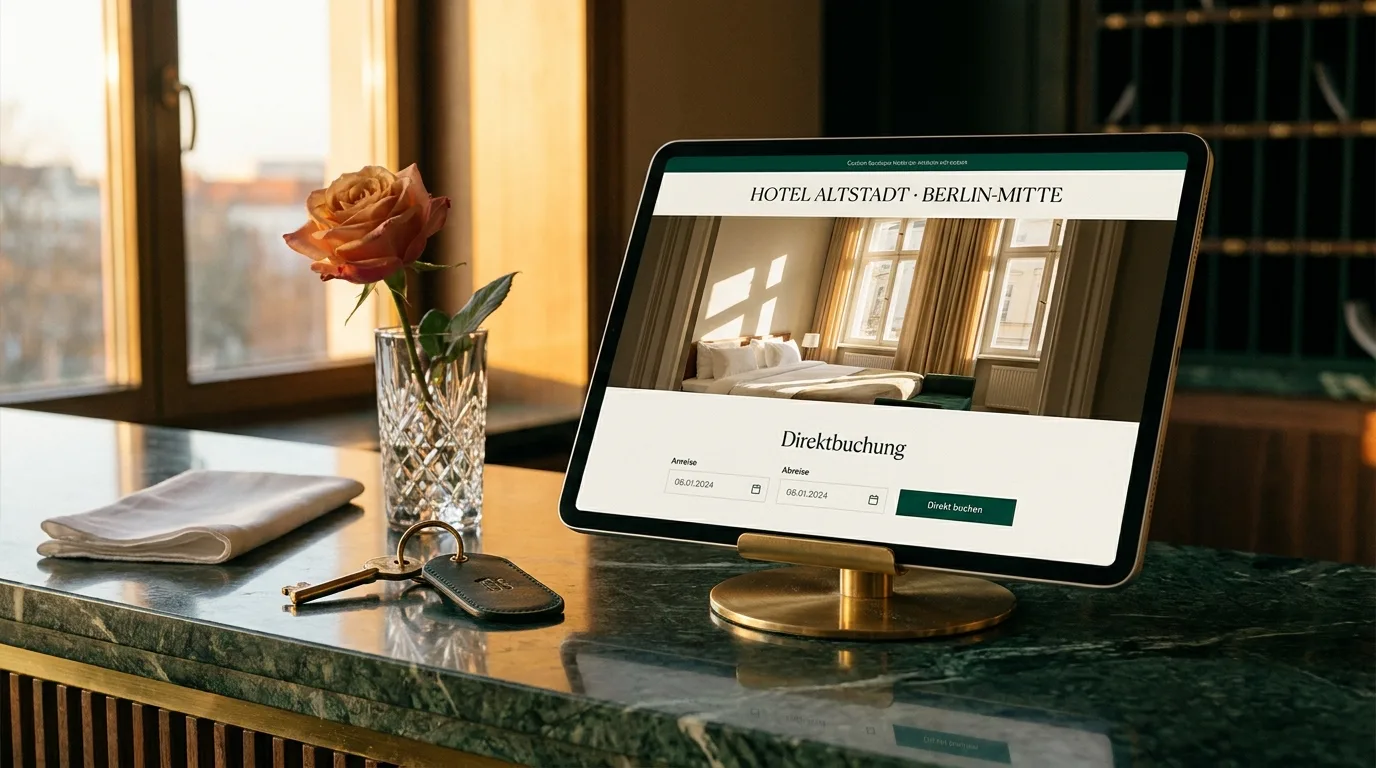 Hotel-Webseite mit Direktbuchung auf iPad am Marmor-Empfang