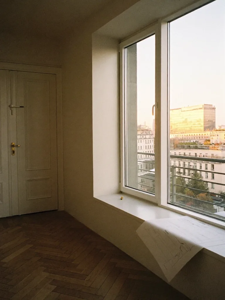 Leere Berliner Altbau-Wohnung bei Golden Hour