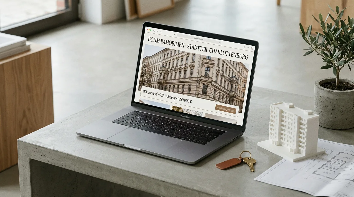 Makler-Webseite auf MacBook im Architekturstudio-Setup