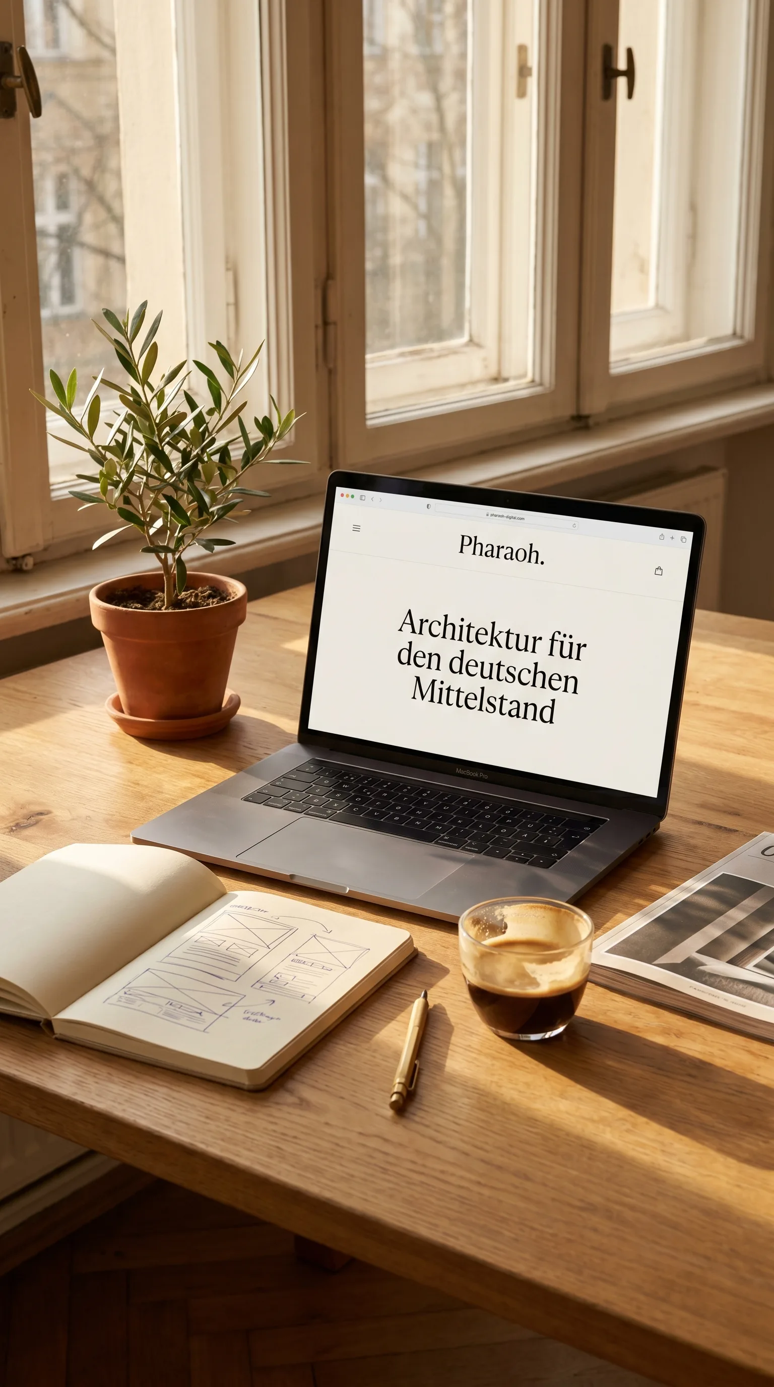 Atelier Berlin: Workspace mit MacBook, Wireframe-Skizzen und Olivenpflanze