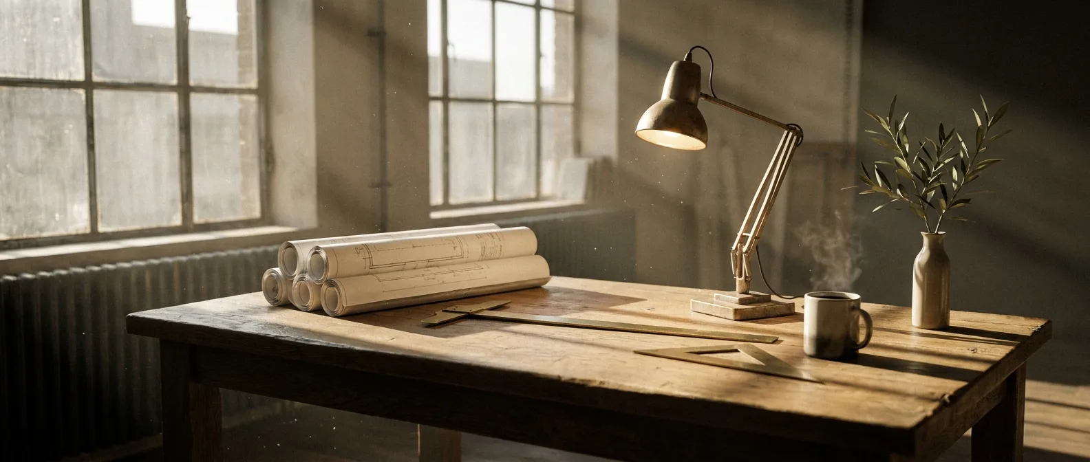 Atelier-Worktable: Architektur-Blaupausen, Anglepoise-Lampe, Olivenzweig im warmen Nachmittagslicht