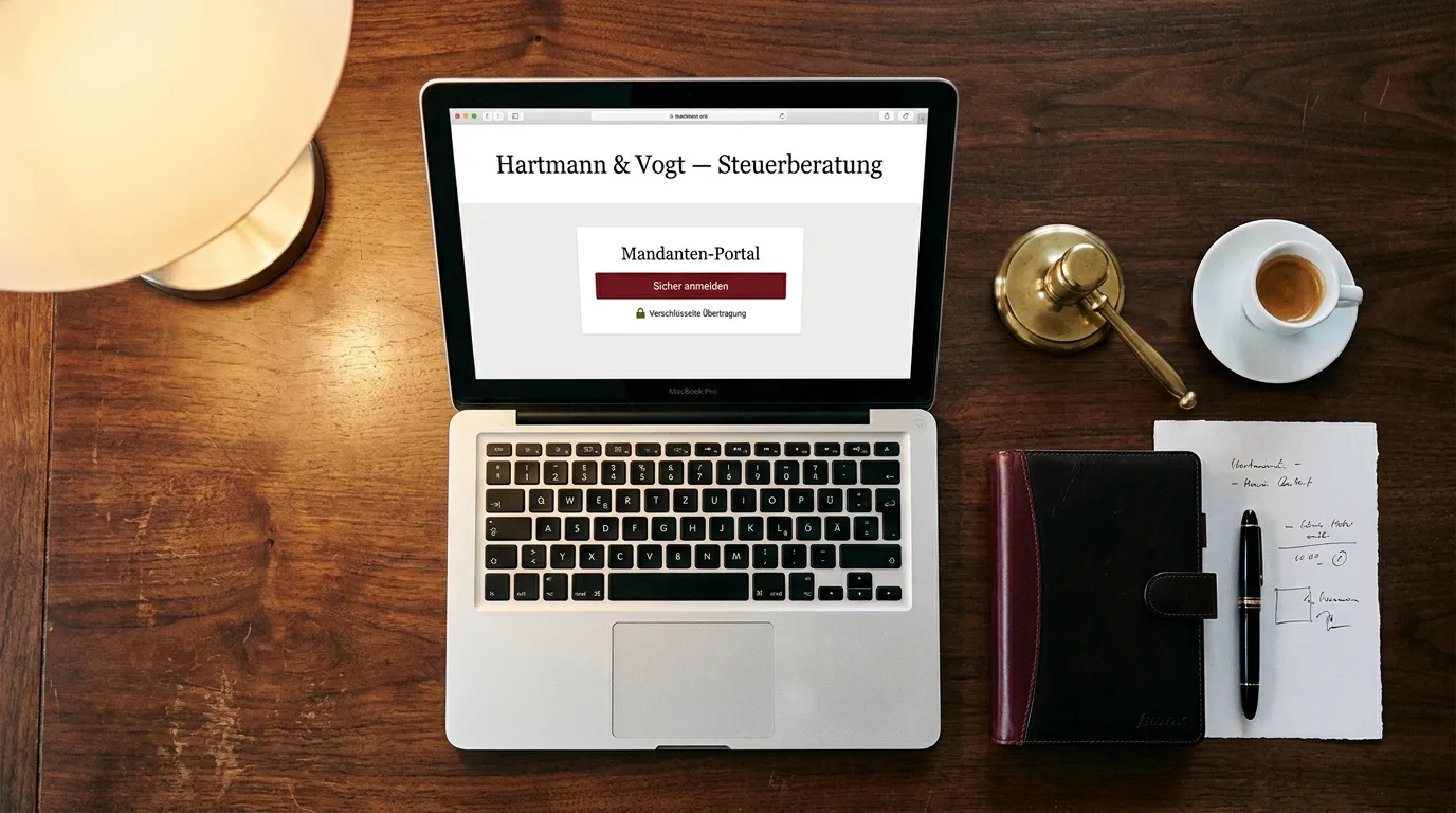 Kanzlei-Webseite mit Mandanten-Portal, Top-Down-Schreibtisch-Komposition